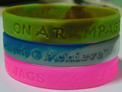We can customize your Dream Beleive Achieve wristbands wth your team, school, business or group name with your colors, logos or slogans.
